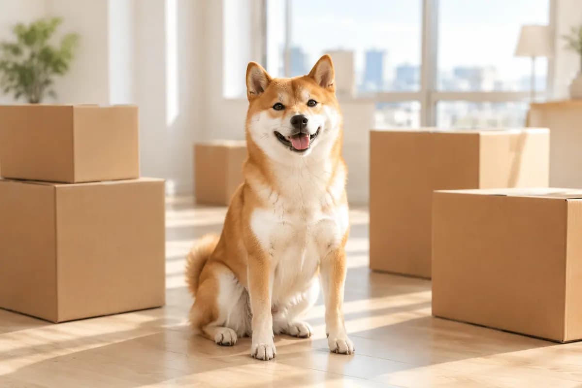 搬家的纸箱中间,柴犬坐在新家的阳光里