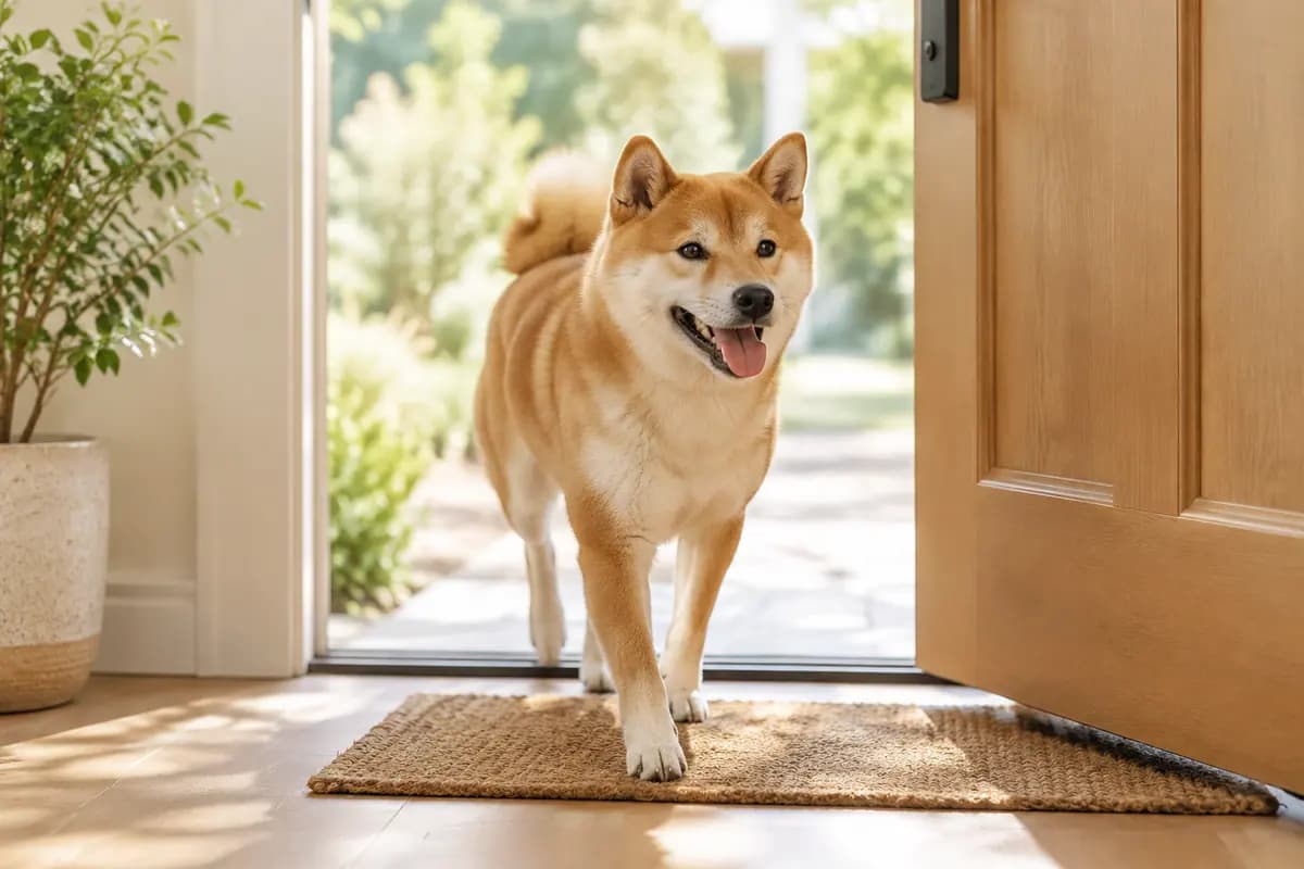 柴犬迈进洒满阳光的新家门口