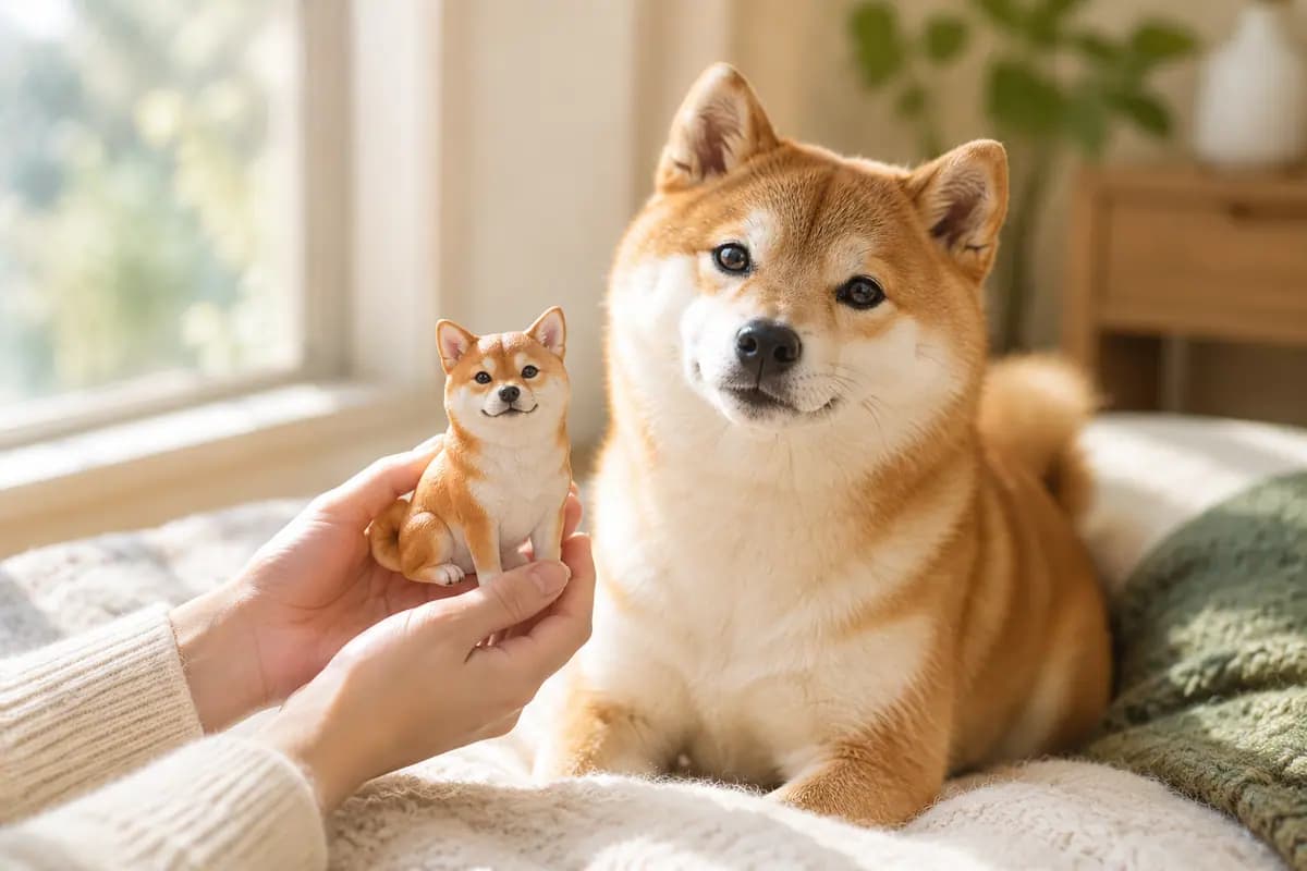双手捧着柴犬小像,真柴犬就在身边