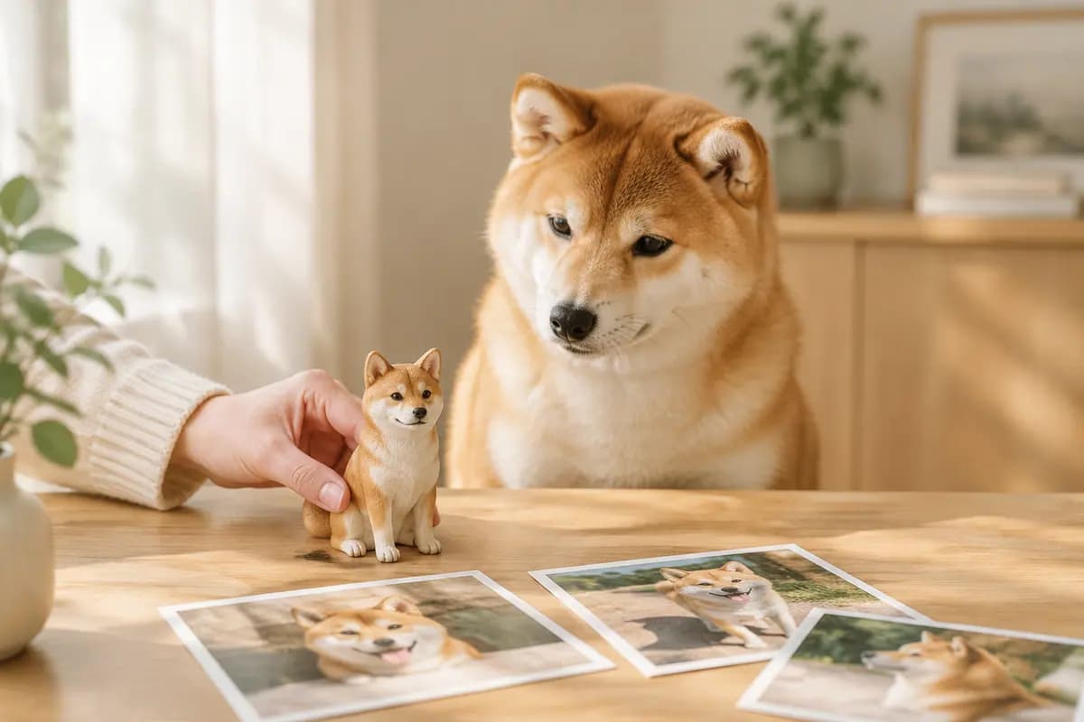 手边放下一只照着照片做的柴犬小像,真柴犬在旁边看着