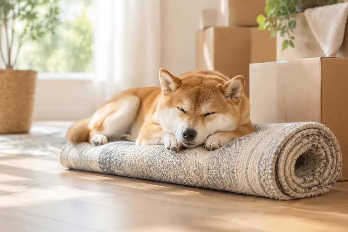 卷起的地毯上,柴犬在纸箱旁午睡