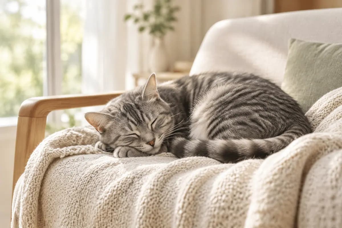 窗边扶手椅上,灰狸花猫睡得正香