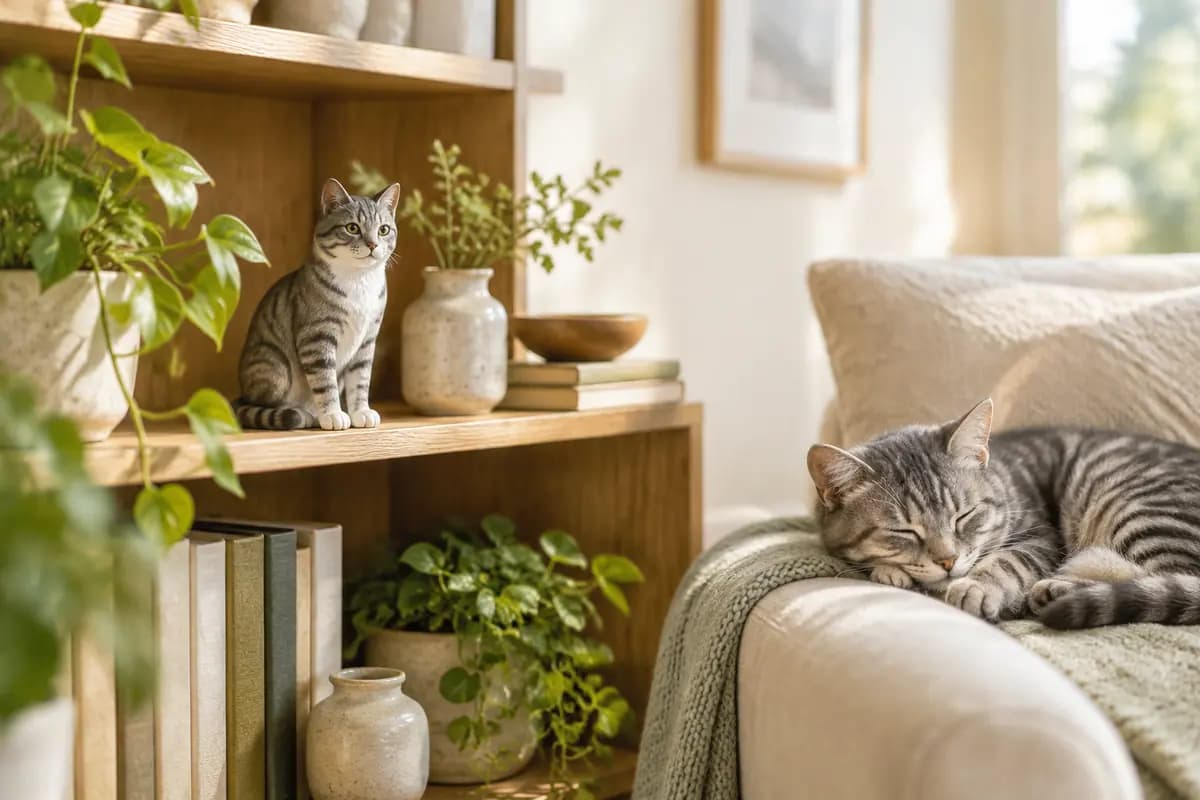 客厅书架上的灰狸花猫小像,真灰狸花猫在扶手椅上打盹