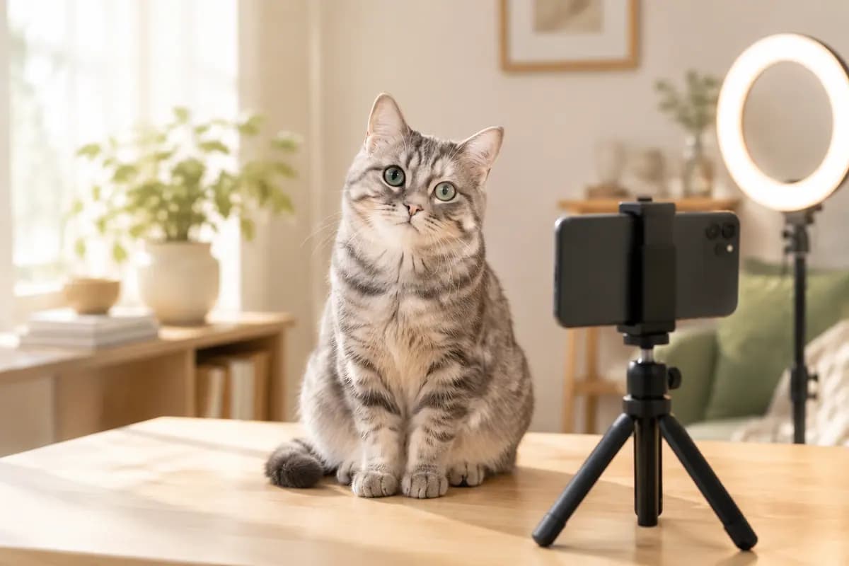 家里的小拍摄角,手机支架对着灰狸花猫