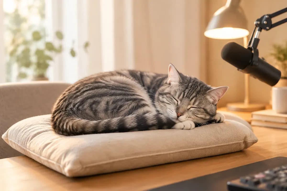 录音桌边的垫子上,灰狸花猫睡着了