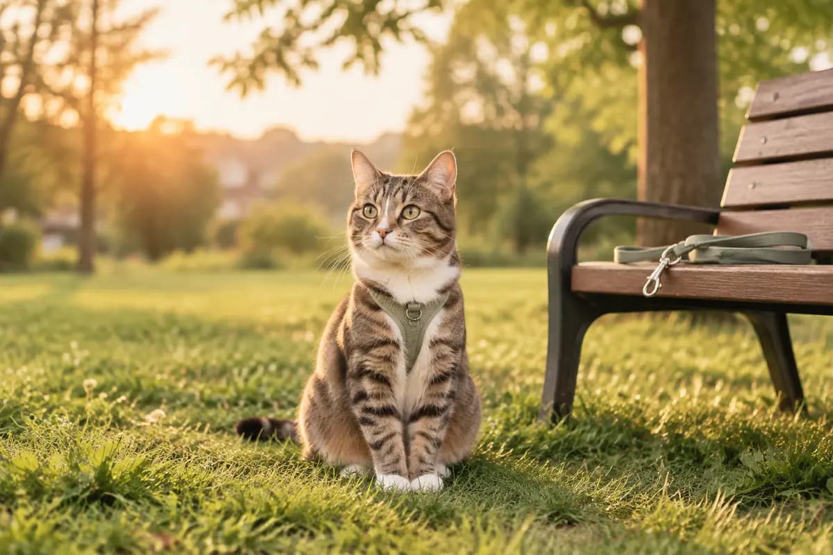 傍晚的公园草地上,狸花猫安静地坐着