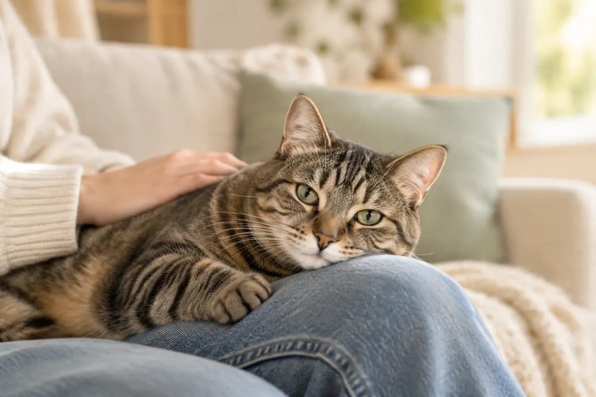 狸花猫把下巴搁在腿上,一只手轻抚着它