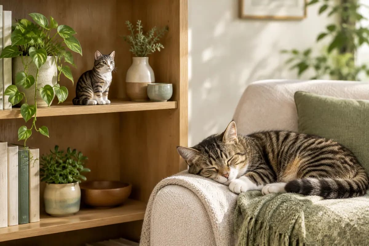 客厅书架上的狸花猫小像,真狸花猫在扶手椅上打盹