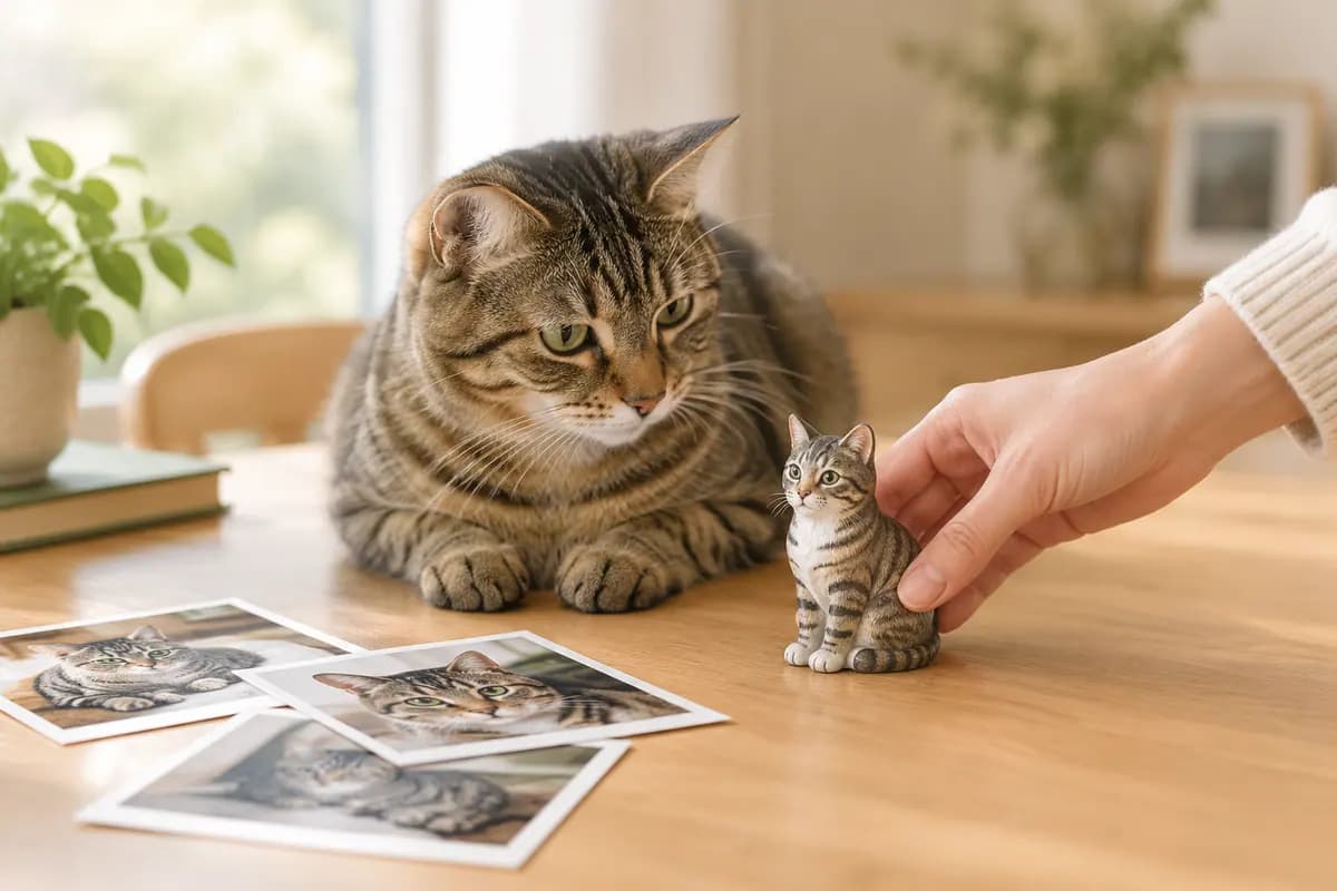 手边放下一只照着照片做的狸花猫小像,真狸花猫在旁边看着