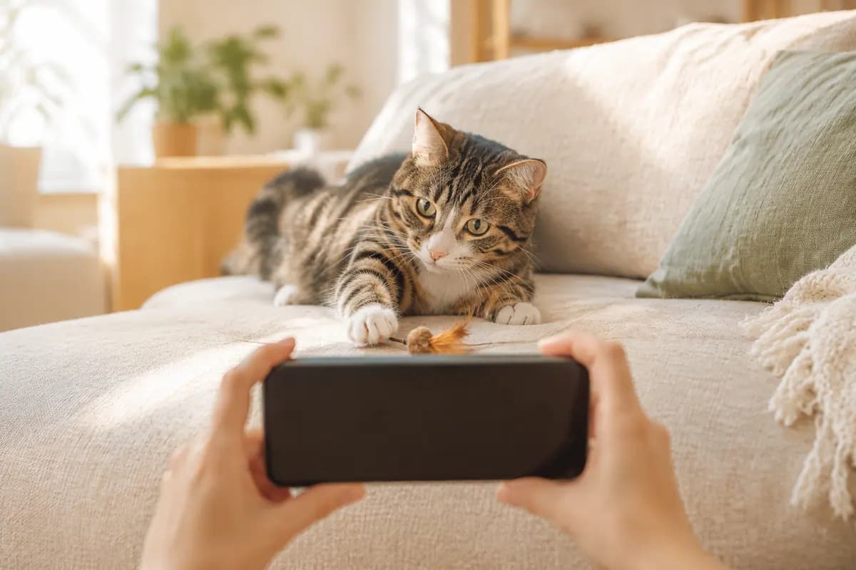 双手举着手机,给沙发上的狸花猫拍视频