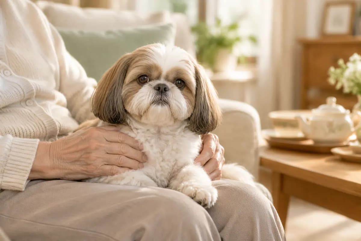 阳光客厅里,长辈的手轻抱着西施犬