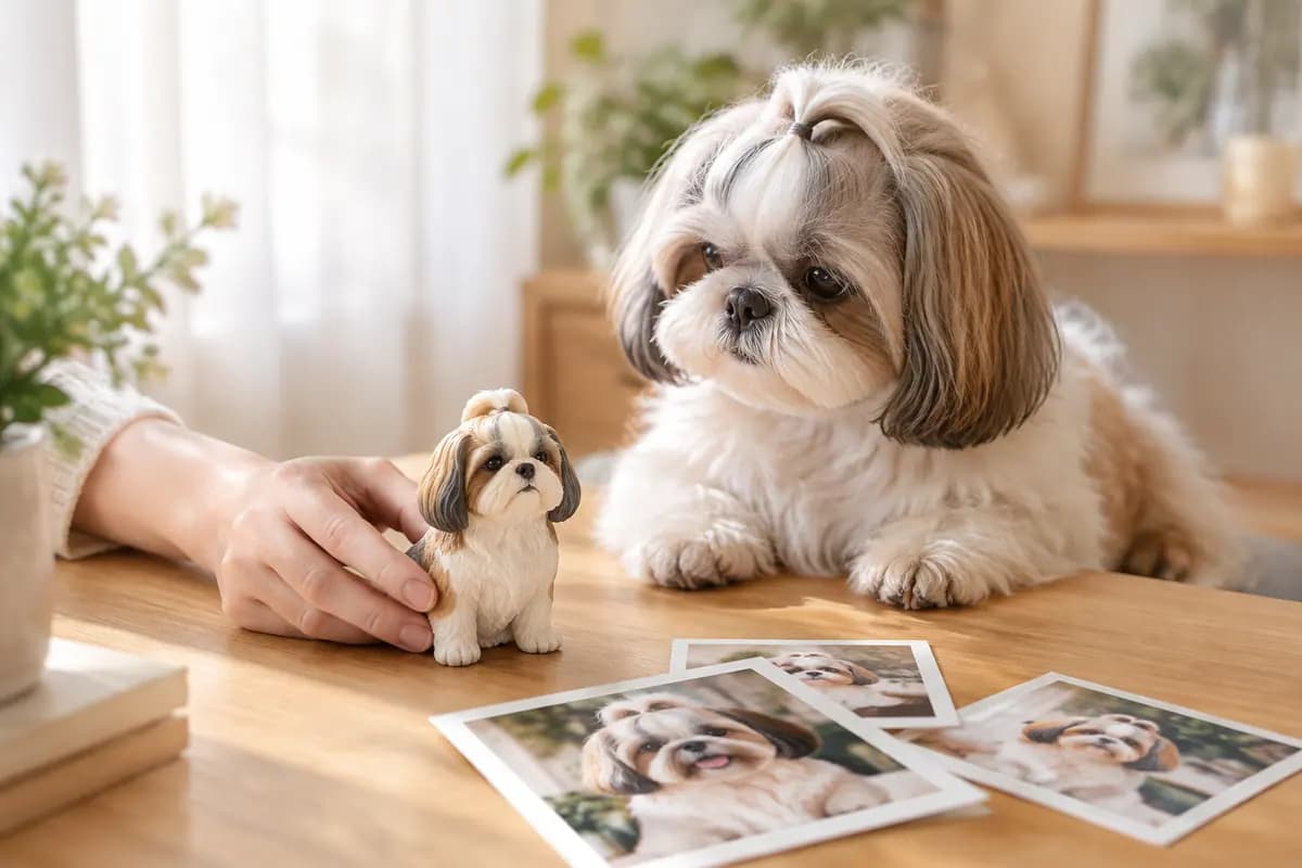 手边放下一只照着照片做的西施犬小像,真西施犬在旁边看着