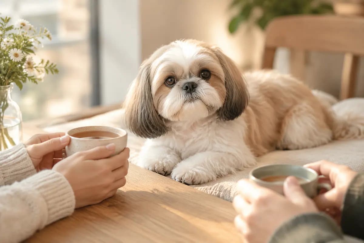 茶桌边两人在聊,西施犬安静地趴在一旁