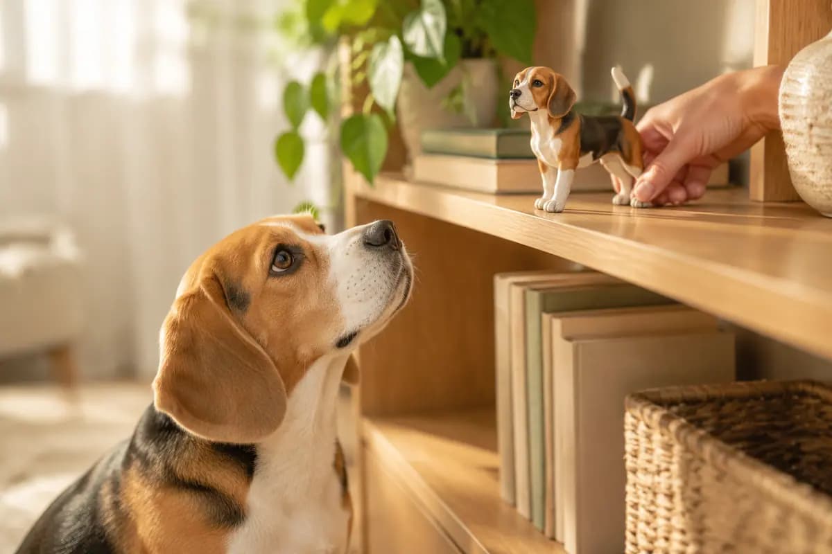 书架上的比格犬小像,真比格坐在下面仰头看