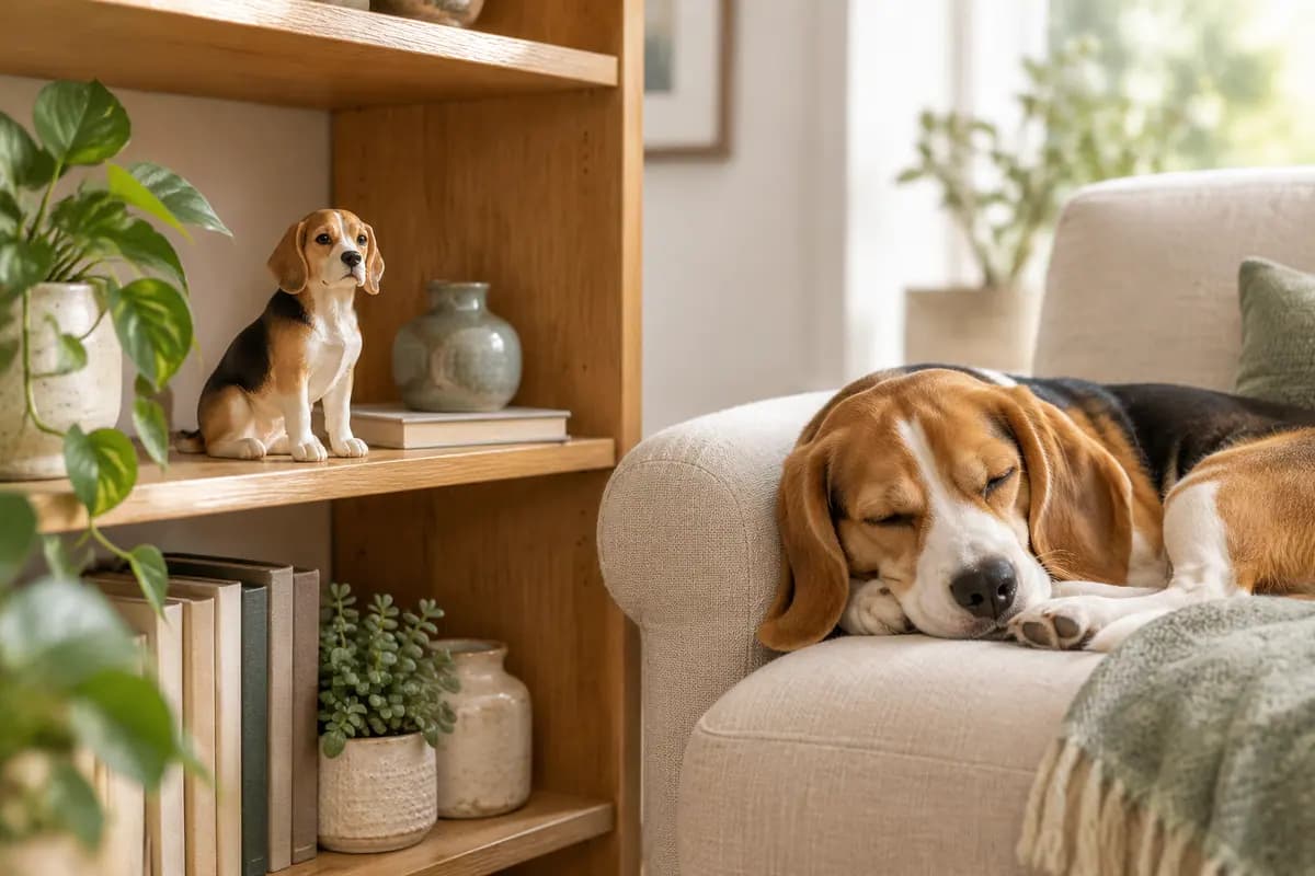 客厅书架上的比格犬小像,真比格犬在扶手椅上打盹