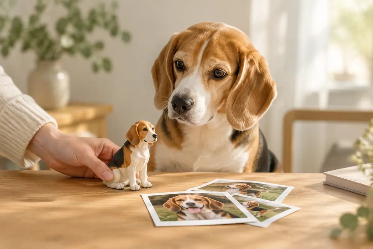 手边放下一只照着照片做的比格犬小像,真比格犬在旁边看着