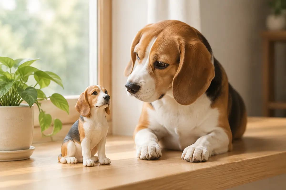 窗台绿植旁的比格犬小像,真比格犬好奇地看着它
