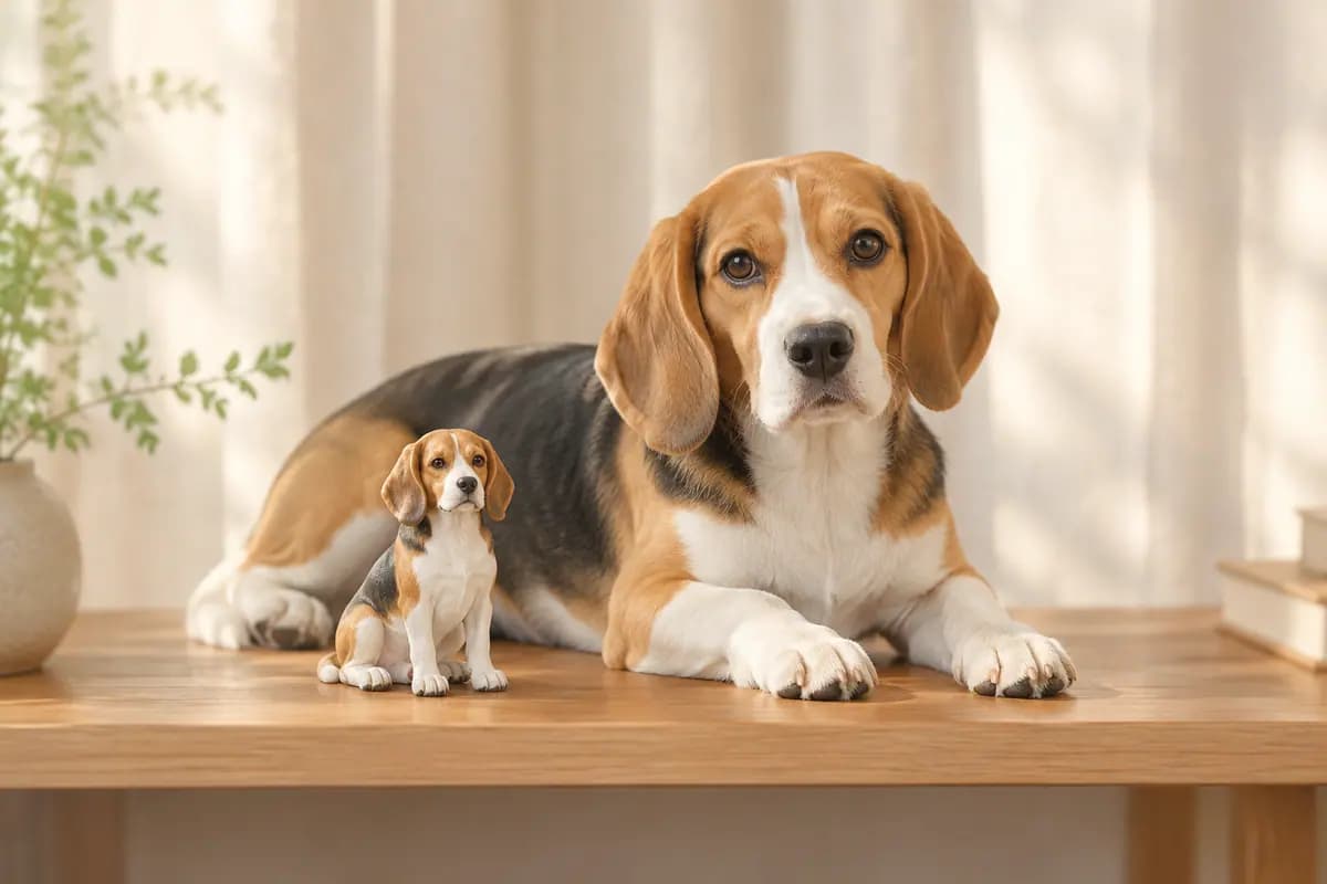 木架上的比格犬小像,真比格犬趴在一旁