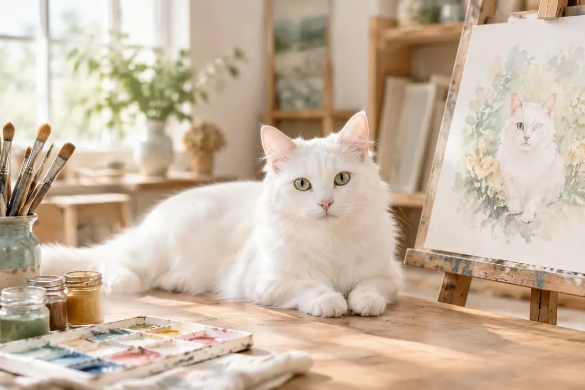 画室里,白猫趴在画架旁