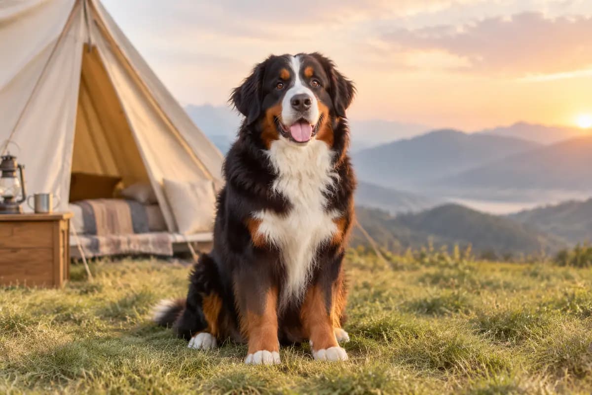 日出时的山坡帐篷前,伯恩山犬望着远方