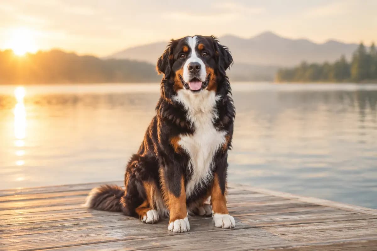 日出时的湖边木栈道上,伯恩山犬安静地坐着