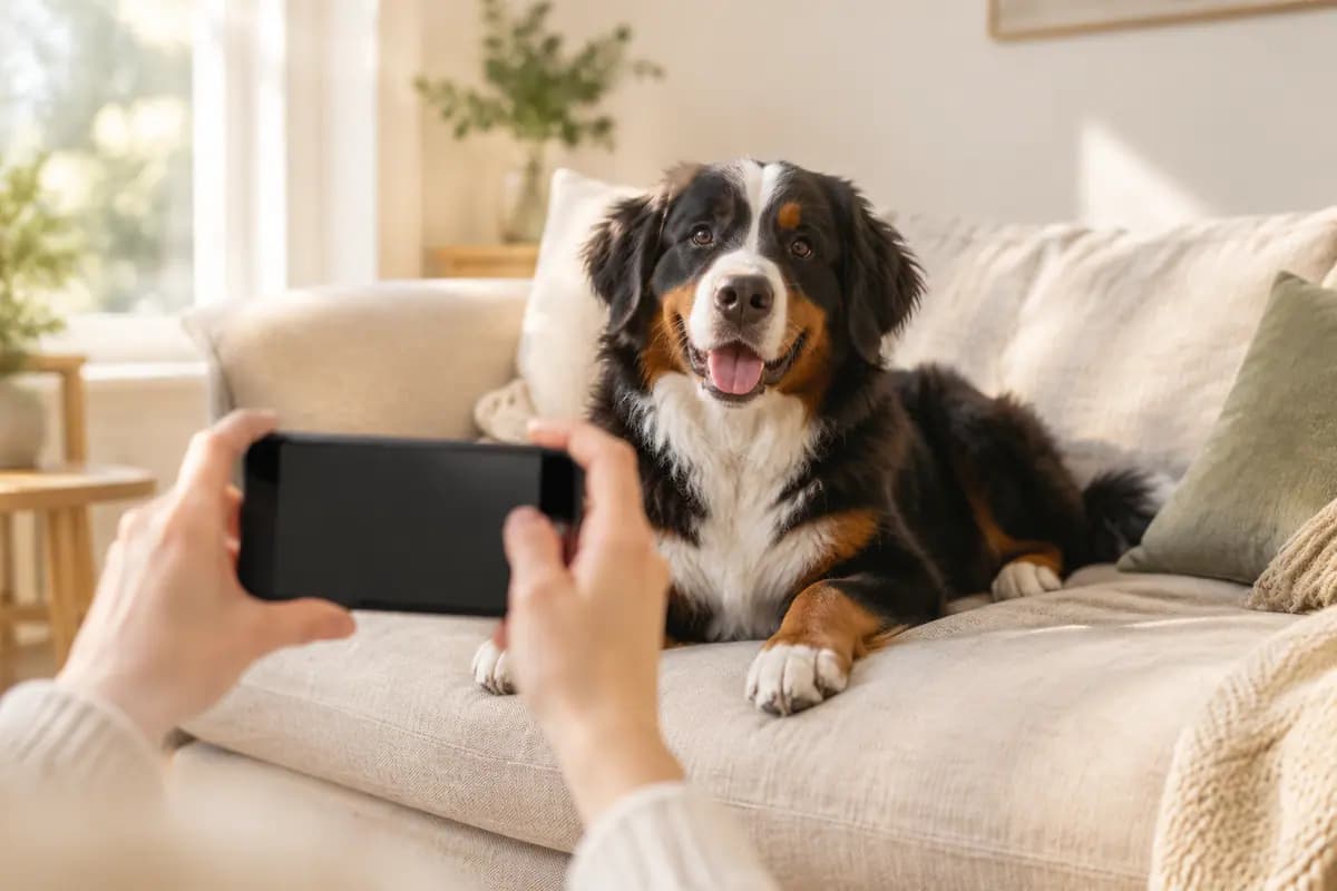 双手举着手机,给沙发上的伯恩山犬拍视频