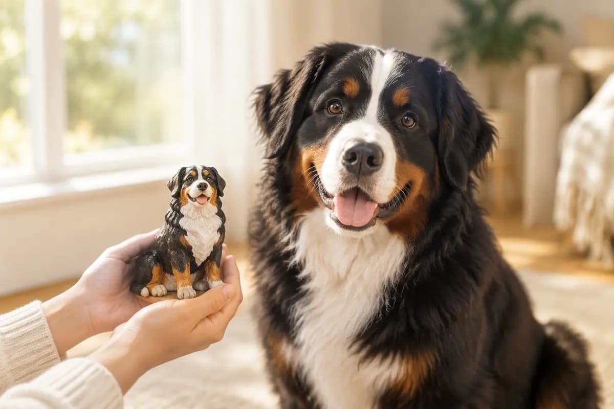 双手捧着伯恩山犬小像,真伯恩山犬就在身边