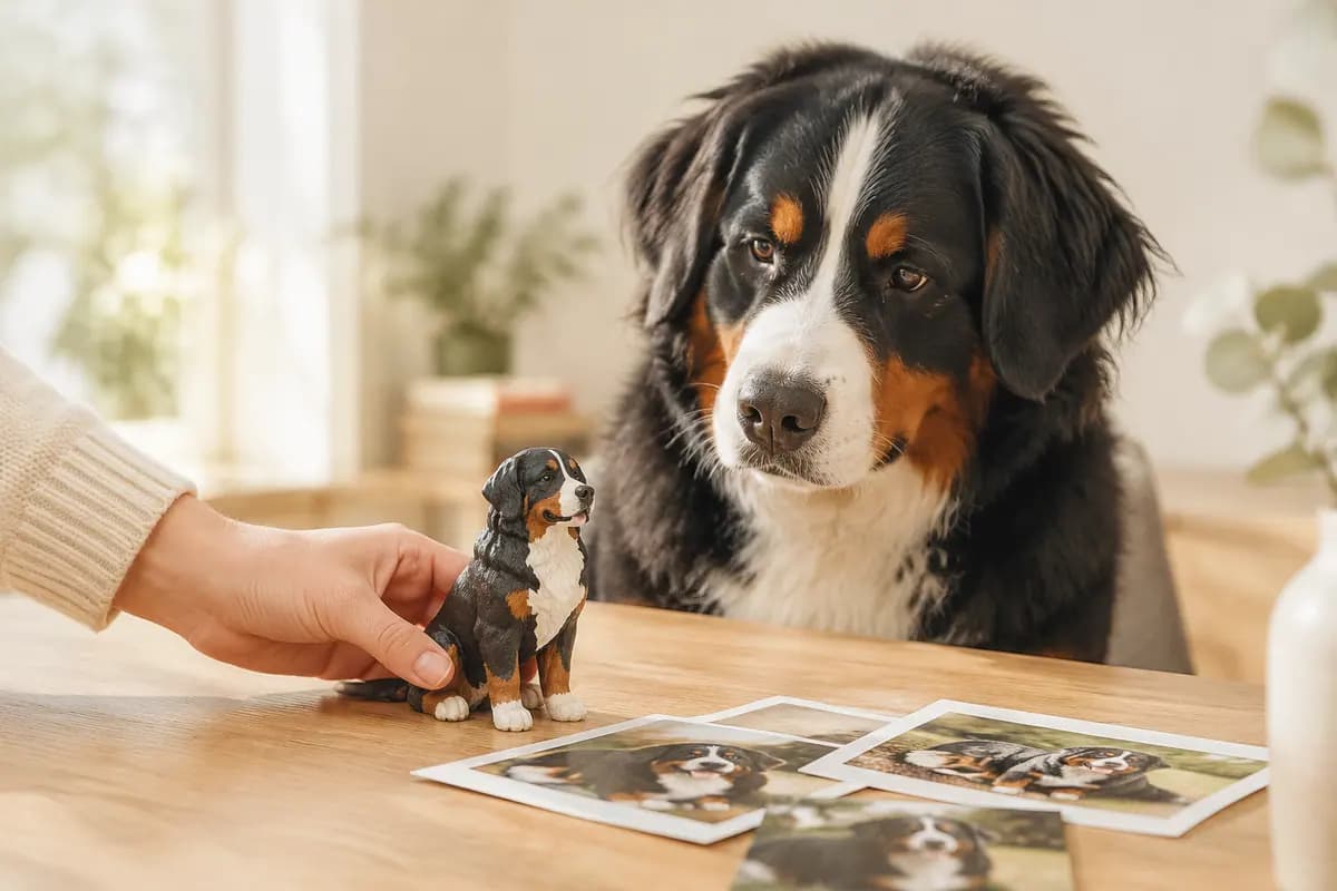 手边放下一只照着照片做的伯恩山犬小像,真伯恩山犬在旁边看着
