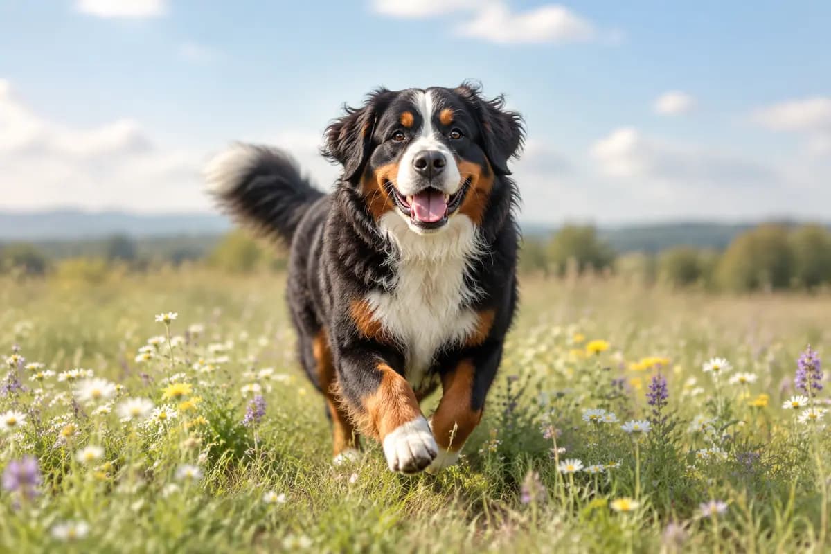 花草地上奔跑的伯恩山犬