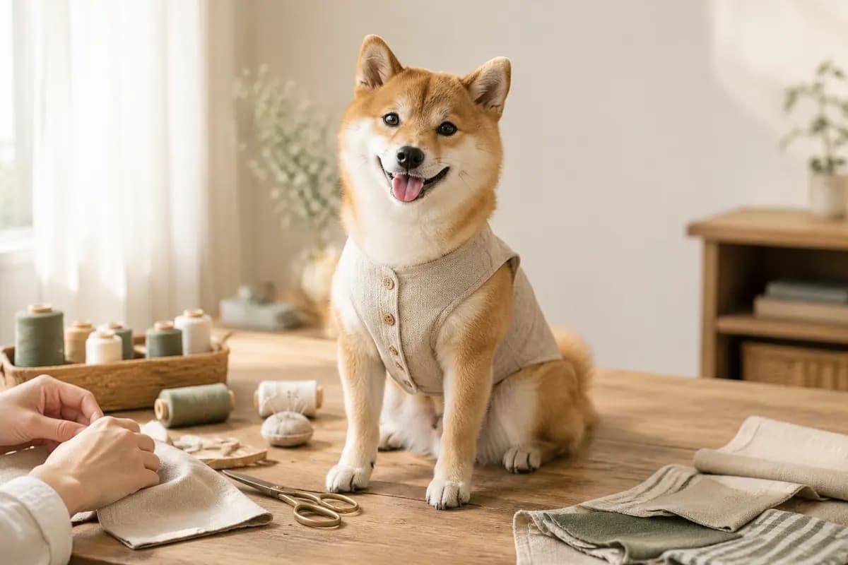缝纫台上,柴犬穿着手作小马甲