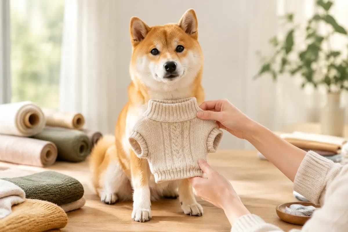 双手比着小毛衣给柴犬量尺寸