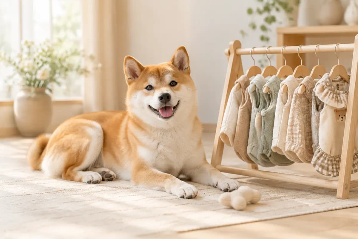 小衣架旁,柴犬趴在手作工作室里
