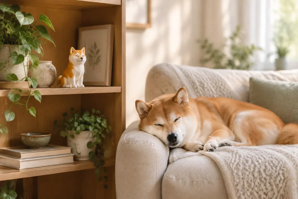 客厅书架上的柴犬小像,真柴犬在扶手椅上打盹