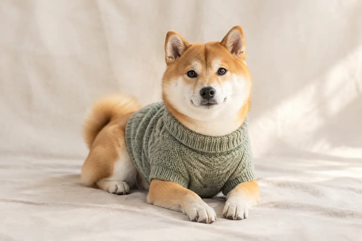 穿着手织毛衣的柴犬在摄影棚里亮相