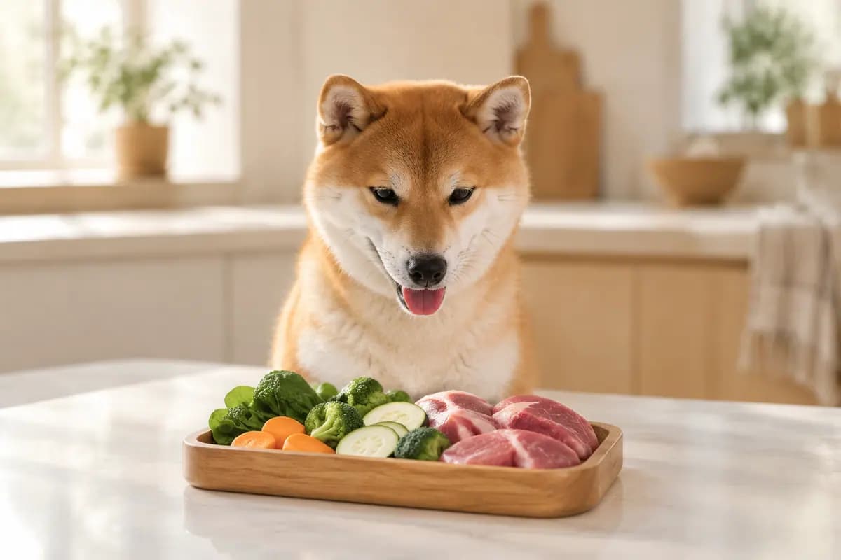 明亮的厨房里,柴犬守在食材托盘旁