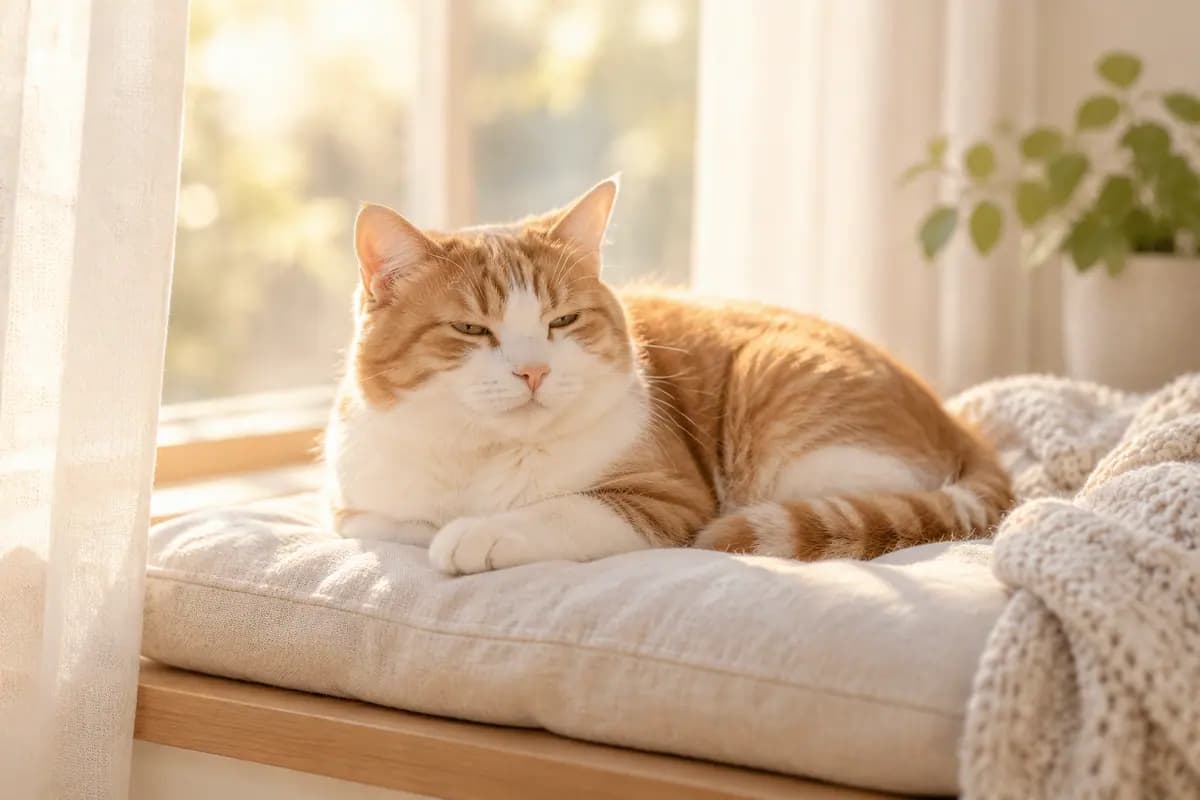窗边午后,橘白小猫靠在亚麻垫上打盹