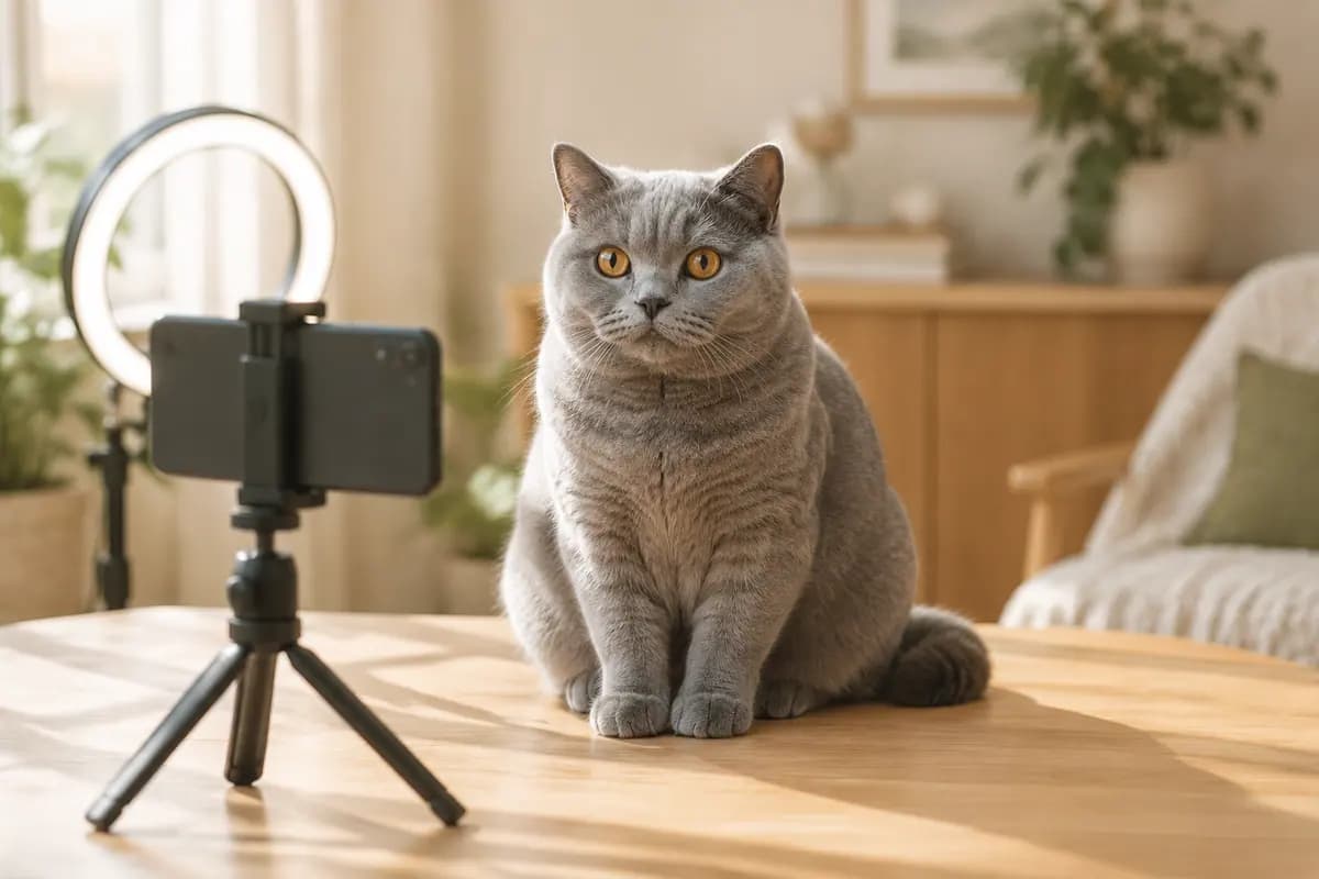 家里的小拍摄角,手机支架对着英短蓝猫