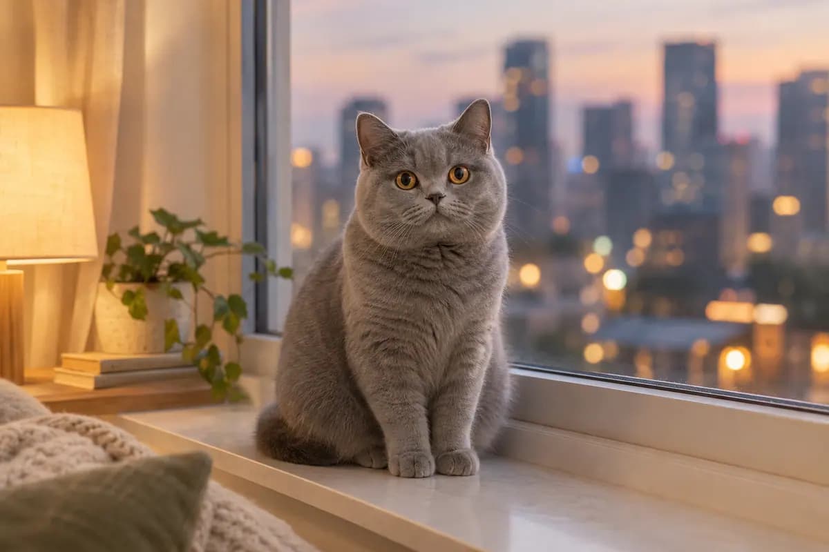 傍晚的城市小窗台上,英短蓝猫望着窗外