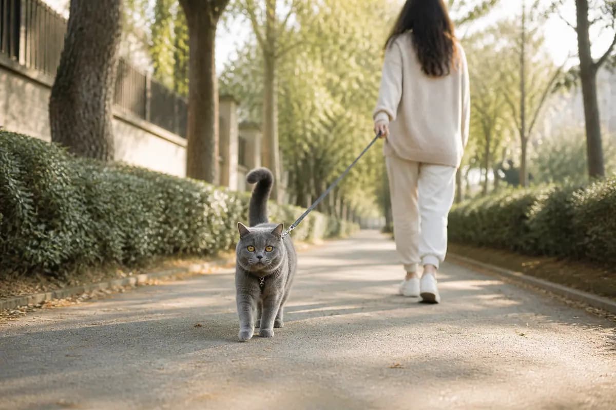 清晨的林荫道上,牵着英短蓝猫散步