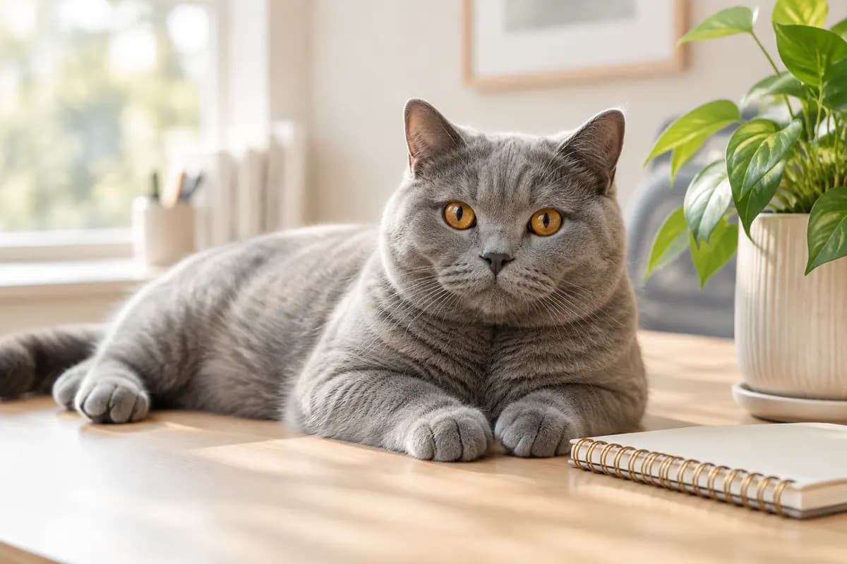 明亮的办公角,英短蓝猫横躺在本子旁