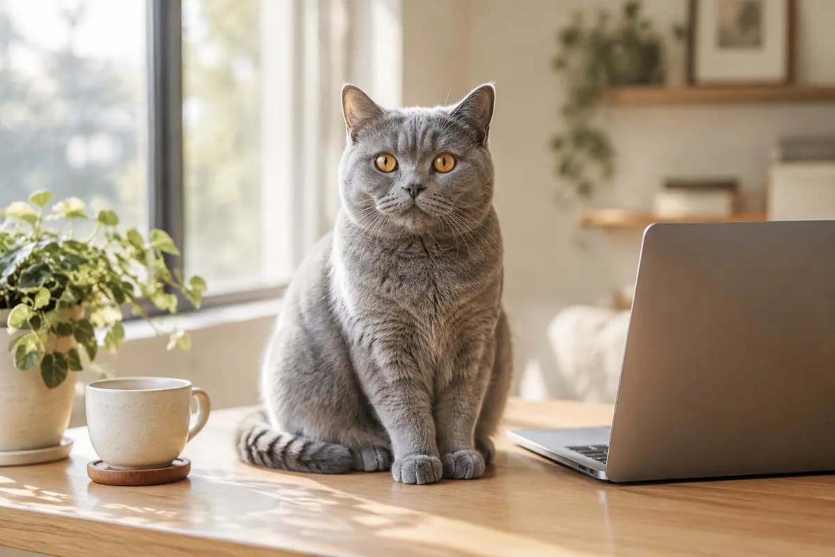 书桌上,英短蓝猫坐在电脑旁