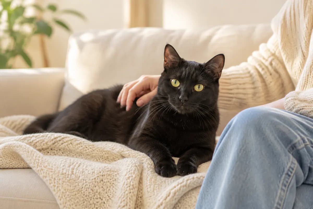 午后的沙发上,黑猫挨着人窝在毯子里