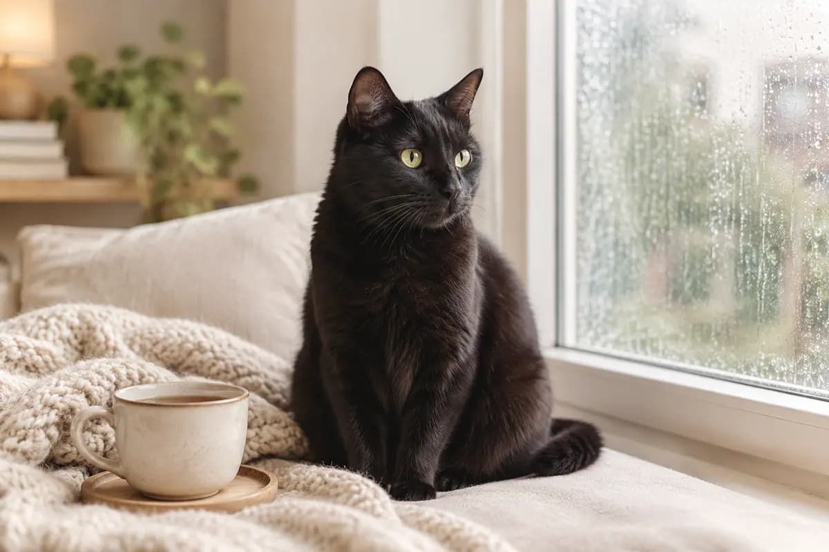 下雨的窗边,黑猫安静地陪着