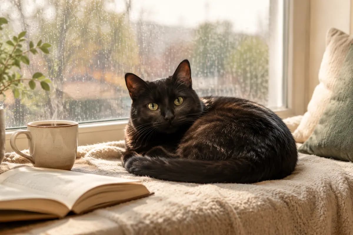 雨天的飘窗上,黑猫蜷在书和茶杯旁