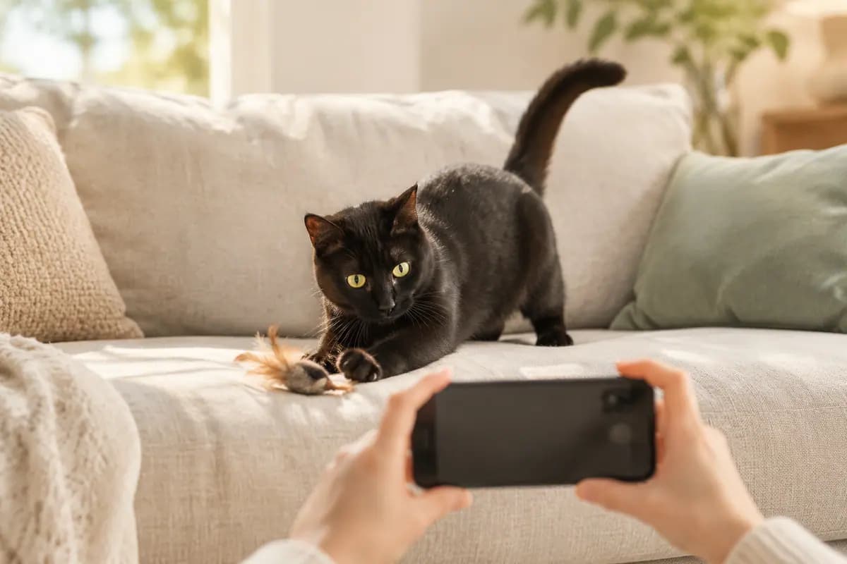 双手举着手机,给沙发上的黑猫拍视频