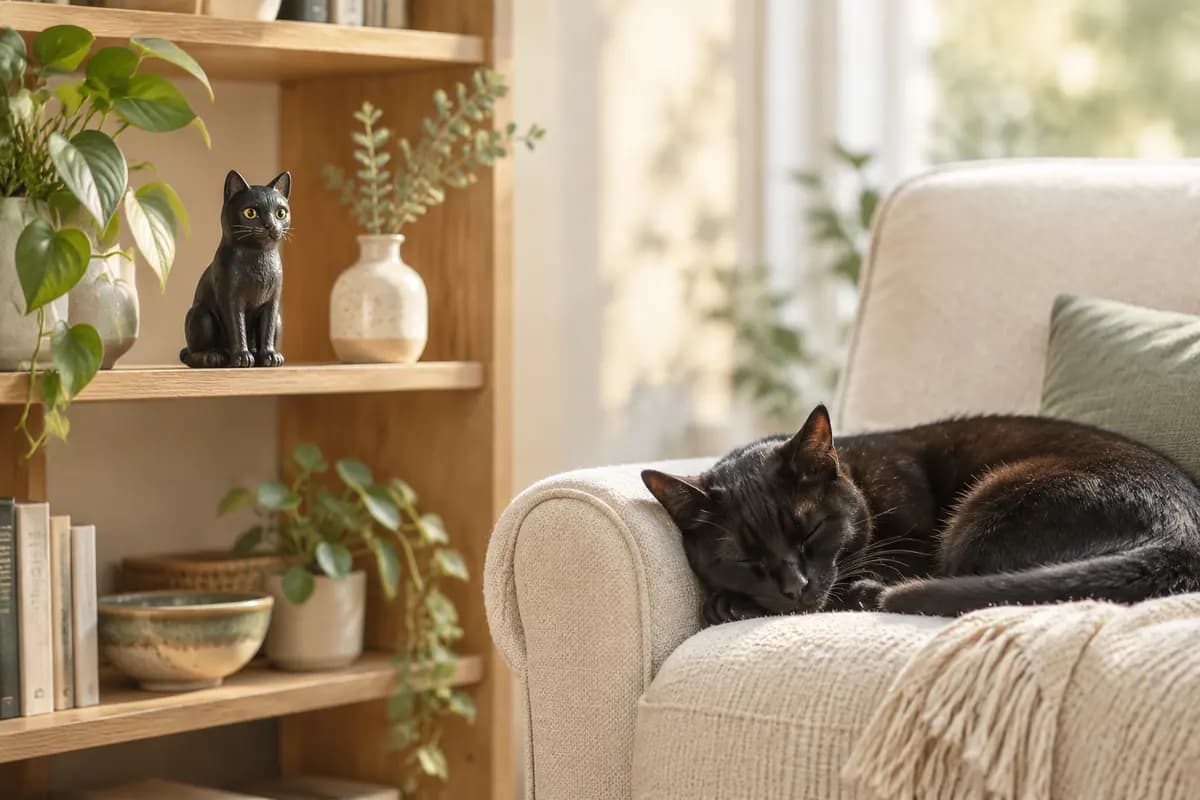 客厅书架上的黑猫小像,真黑猫在扶手椅上打盹