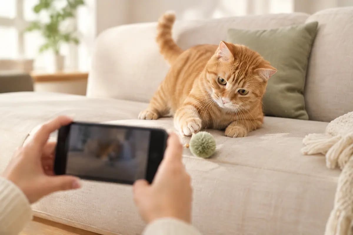 双手举着手机,给沙发上的橘猫拍视频