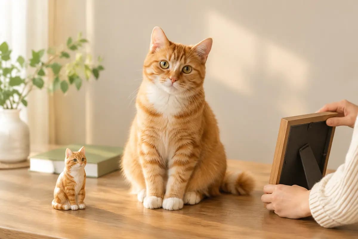 书桌上,橘猫坐在它自己的小像旁