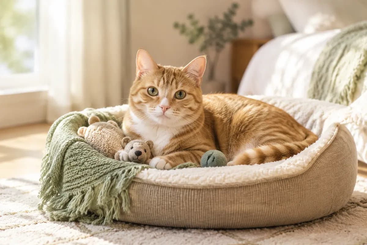 洒满阳光的小床上,橘猫趴在毛绒玩具中间