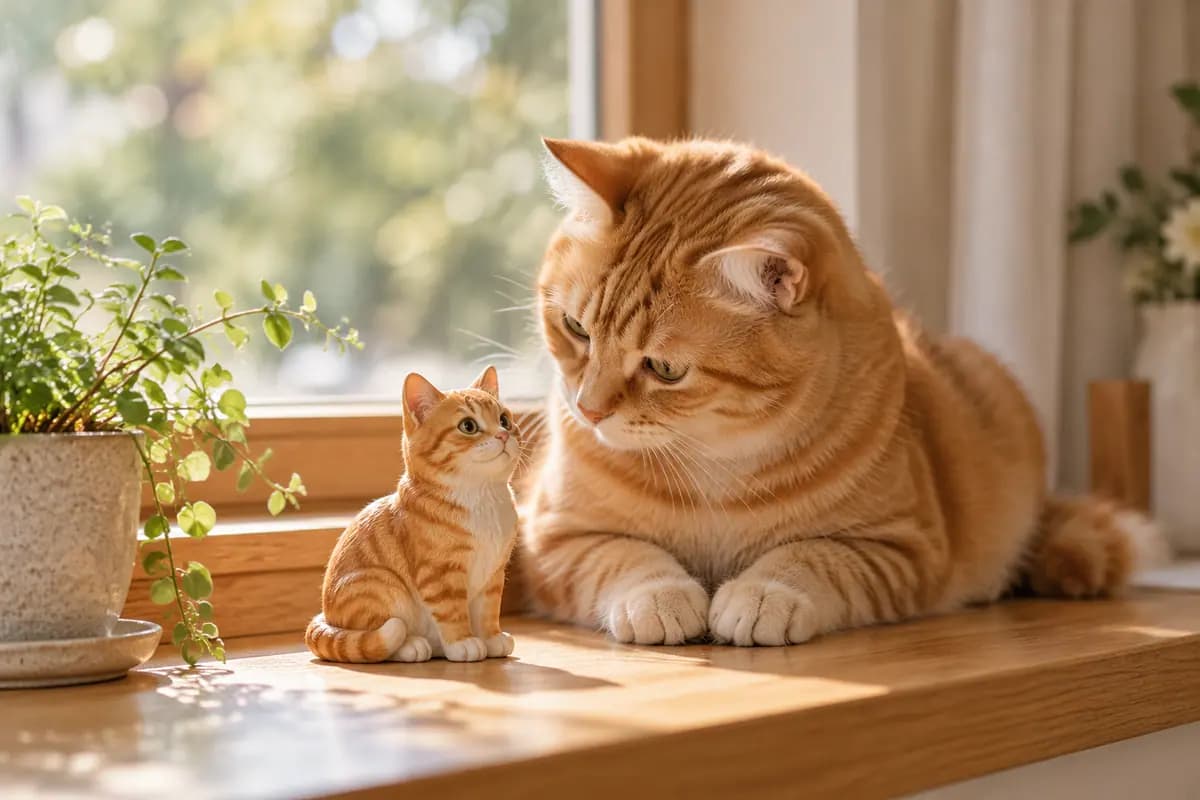 窗台绿植旁的橘猫小像,真橘猫好奇地看着它